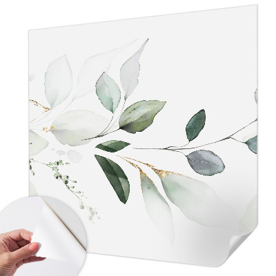 Self-adhesive wall mural with a green leaves design