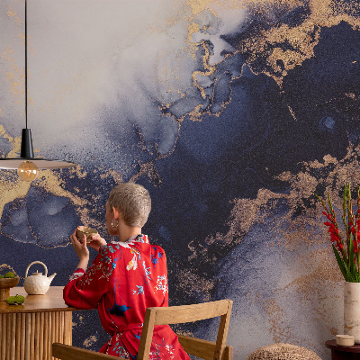 Removable wall mural with navy blue wave pattern