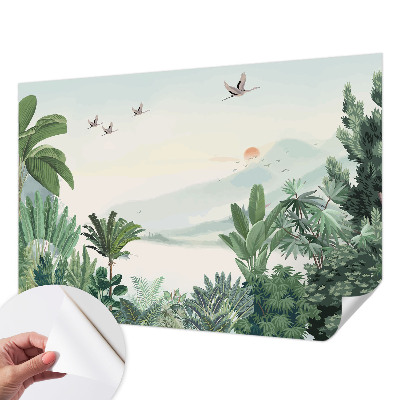 Peel and stick wall mural for living room with a tropical oasis design