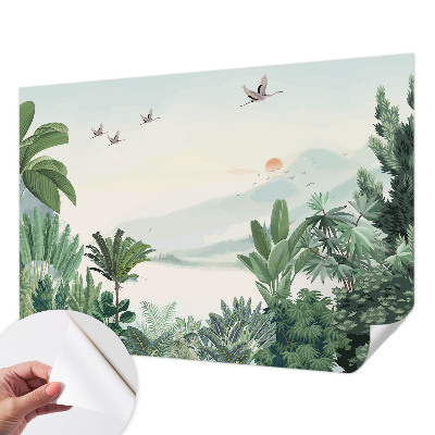 Peel and stick wall mural for living room with a tropical oasis design