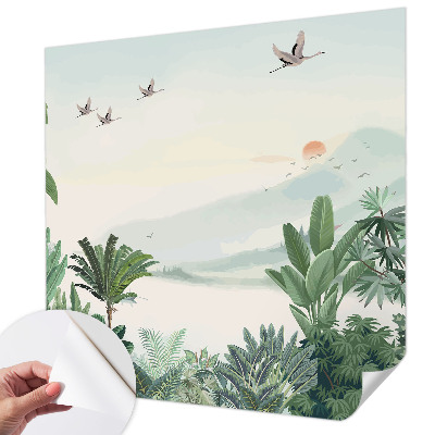 Peel and stick wall mural for living room with a tropical oasis design