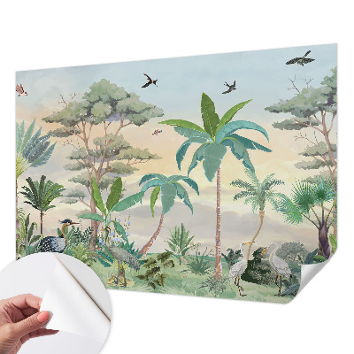 Peel-and-stick wall mural with an exotic flora design for a bedroom