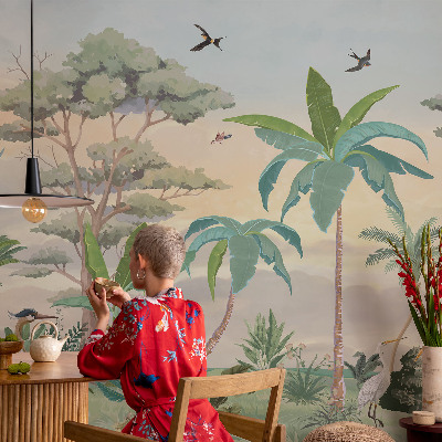 Peel-and-stick wall mural with an exotic flora design for a bedroom