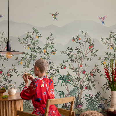 Removable wall mural with an exotic trees design
