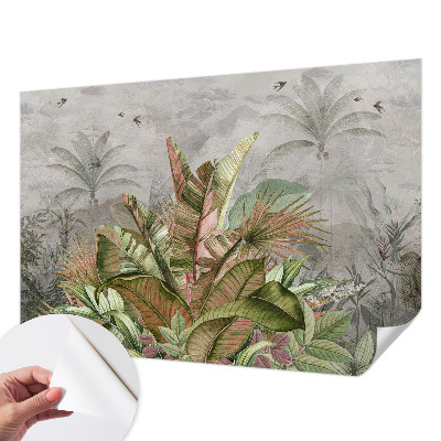 Peel and stick wall mural for bedroom with an exotic jungle design