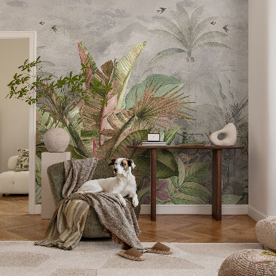 Peel and stick wall mural for bedroom with an exotic jungle design