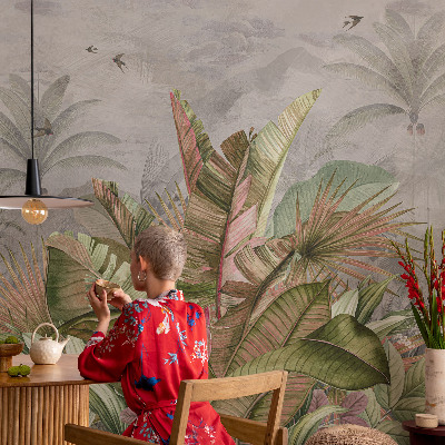 Peel and stick wall mural for bedroom with an exotic jungle design