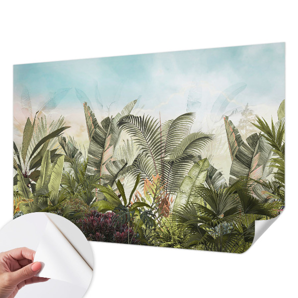 Peel and stick wall mural for living room with a tropical paradise design