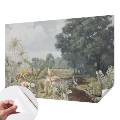 Nursery wall mural with an exotic landscape design
