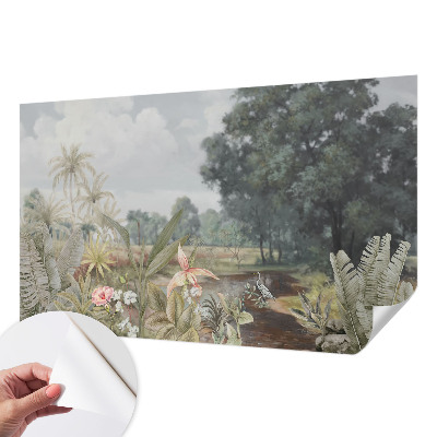Nursery wall mural with an exotic landscape design