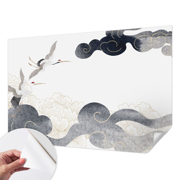 Removable wall mural featuring cranes in flight