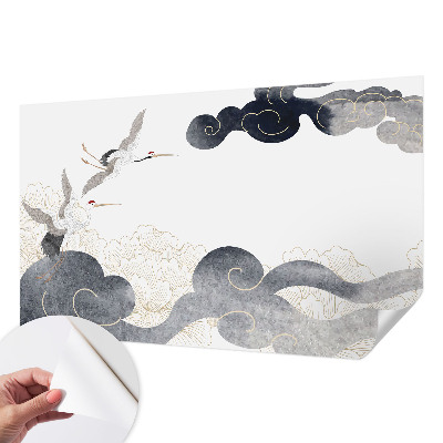 Removable wall mural featuring cranes in flight