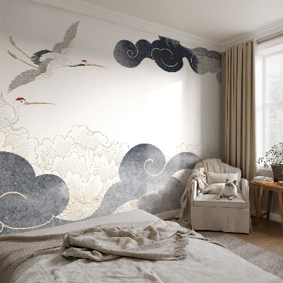 Removable wall mural featuring cranes in flight