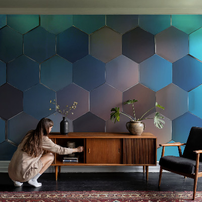 Peel and stick wallpaper mural with a blue hexagon pattern