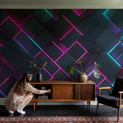 Removable wall mural with a neon geometric design