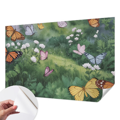 Baby room wall mural with butterflies in a meadow design
