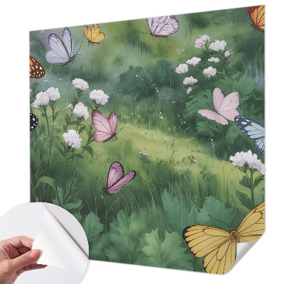 Baby room wall mural with butterflies in a meadow design