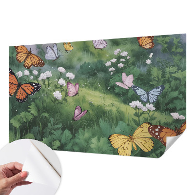 Baby room wall mural with butterflies in a meadow design