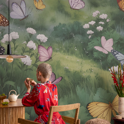 Baby room wall mural with butterflies in a meadow design