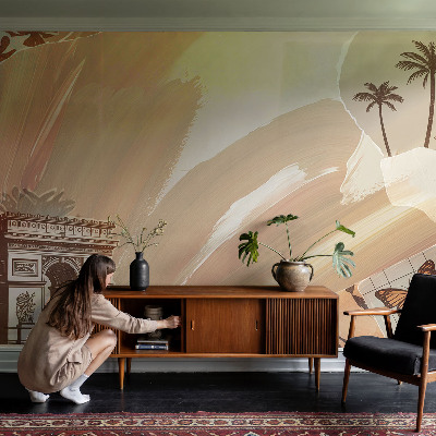 Peel and stick wallpaper mural with an exotic travel-inspired design
