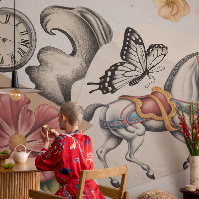 Self-adhesive wall mural with a vintage floral design