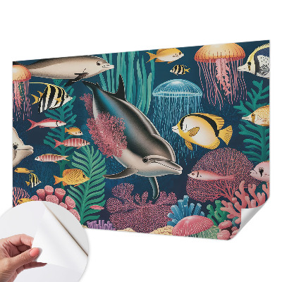 Stick-on wall mural featuring underwater fauna