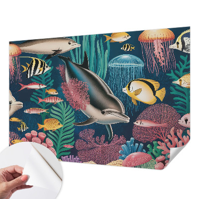 Stick-on wall mural featuring underwater fauna