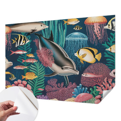Stick-on wall mural featuring underwater fauna