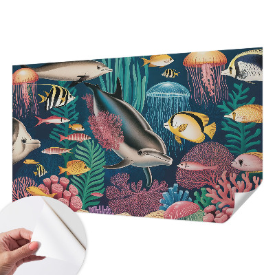 Stick-on wall mural featuring underwater fauna