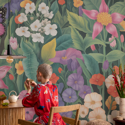Peel and stick wall mural for bedroom with a floral explosion design