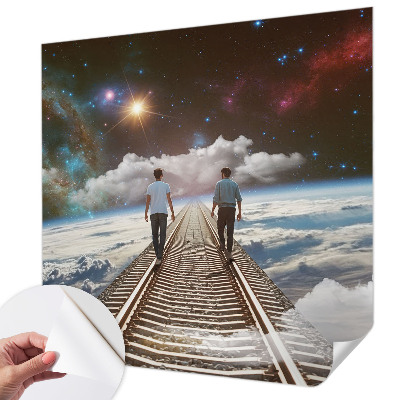 Peel and stick wall mural for kids' room featuring a space journey design