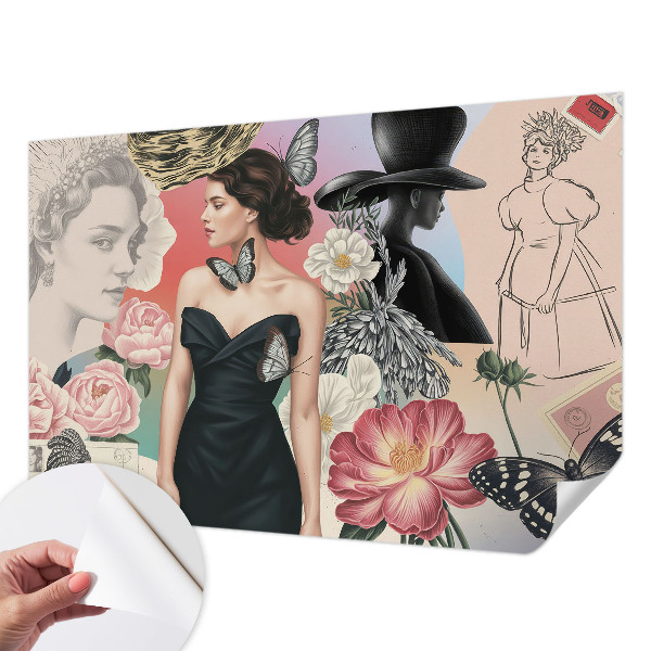Nursery wall mural with floral motifs and children's portraits
