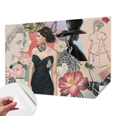Nursery wall mural with floral motifs and children's portraits