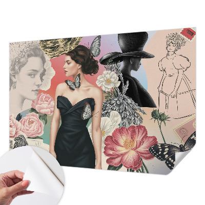 Nursery wall mural with floral motifs and children's portraits