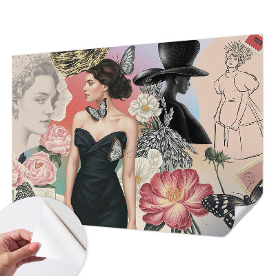Nursery wall mural with floral motifs and children's portraits