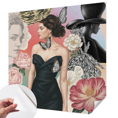 Nursery wall mural with floral motifs and children's portraits
