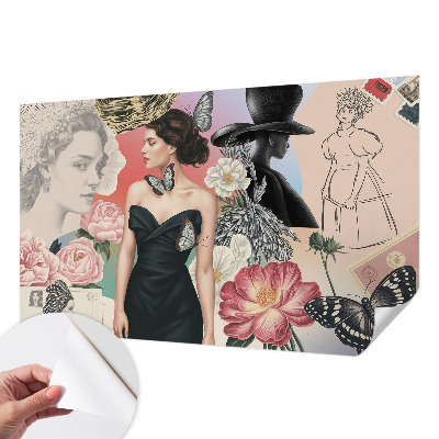 Nursery wall mural with floral motifs and children's portraits