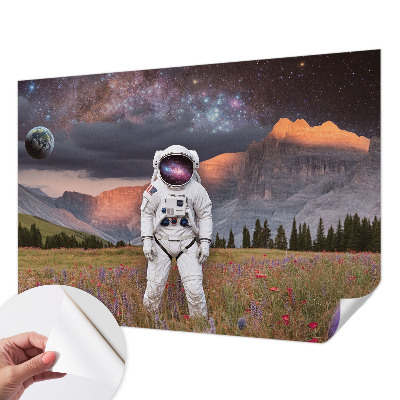 Peel and stick wallpaper mural with a cosmic landscape design