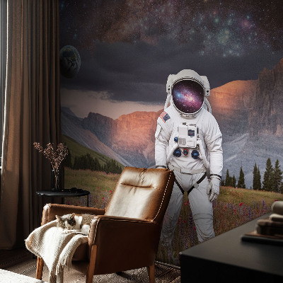 Peel and stick wallpaper mural with a cosmic landscape design