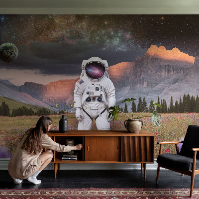 Peel and stick wallpaper mural with a cosmic landscape design