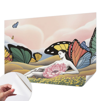 Peel and stick wallpaper mural with a butterfly meadow design