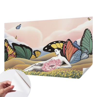 Peel and stick wallpaper mural with a butterfly meadow design