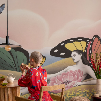 Peel and stick wallpaper mural with a butterfly meadow design