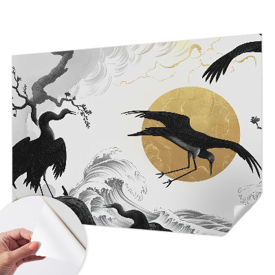 Removable wall mural wallpaper with a black cranes design