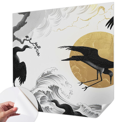 Removable wall mural wallpaper with a black cranes design