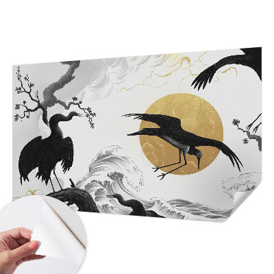 Removable wall mural wallpaper with a black cranes design