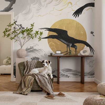 Removable wall mural wallpaper with a black cranes design