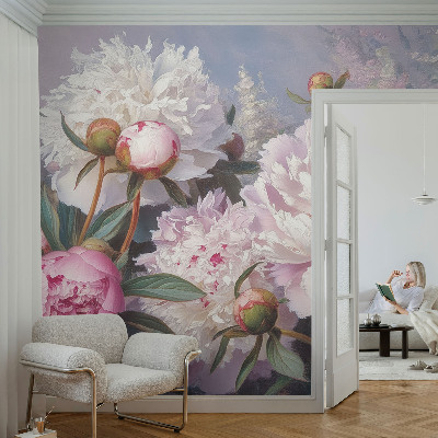 Peel and stick wall mural featuring a peony bouquet design for bedroom walls