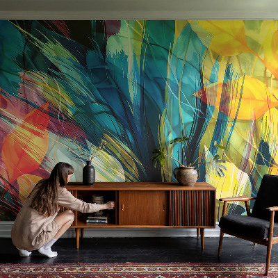 Peel and stick wall mural with an abstract leaves design for a bedroom