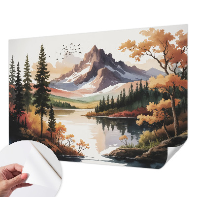 Self-adhesive wall mural featuring an autumn mountain scene